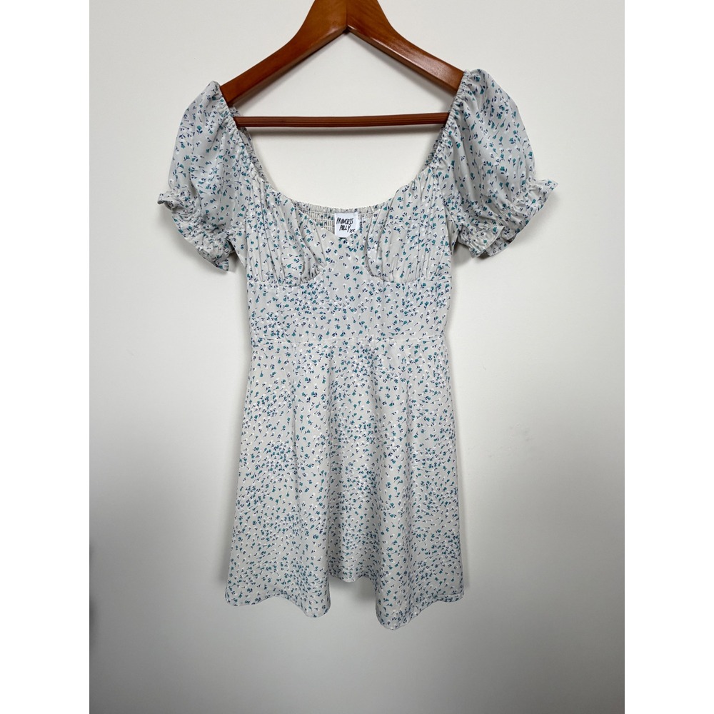 Princess Polly Ruth Mini Dress Women 4 Beige/Gray Floral Puff Sleeve‎ Milkmaid